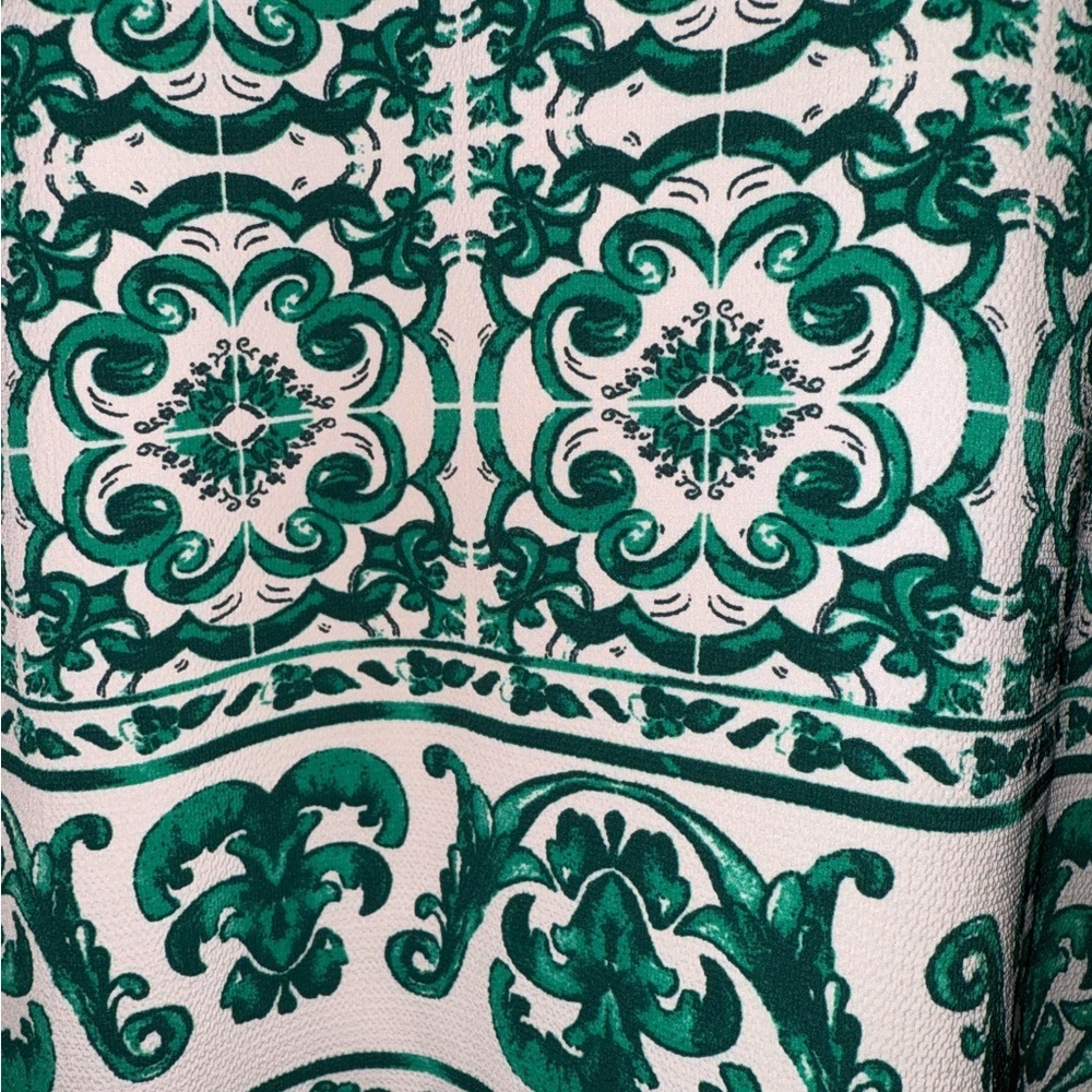 H & M Green White Tile Print Tunic Top Med Boho Cottagecore Coastal Euro Summer - Picture 3 of 5